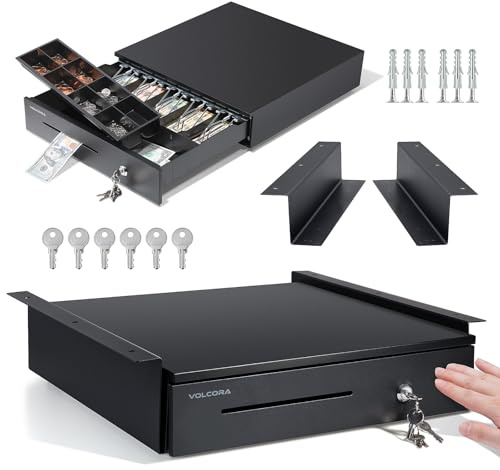 Volcora Manual Push Open Cash Register Drawer with Under Counter Mounting Metal Bracket - 16 Black Front Touch Panel Cash Drawer for POS, Partial Removable 5 Bill 8 Coin Tray, Key-Lock