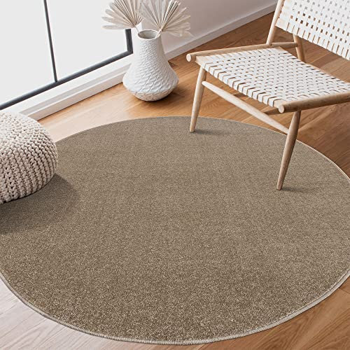 SANAT Kurzflor Teppich Wohnzimmer - Uni Modern Teppiche fürs Schlafzimmer, Arbeitszimmer, Büro, Flur, Kinderzimmer und Küche - Beige, 120 cm Rund