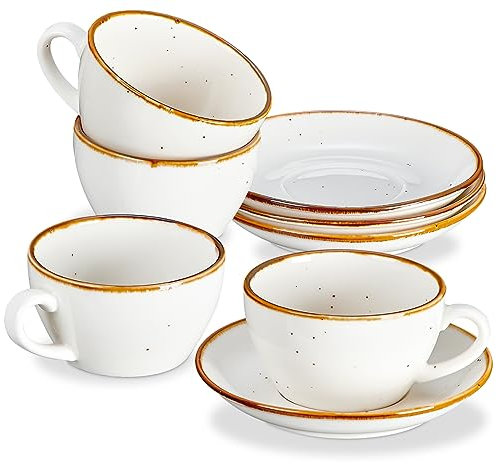ONEMORE Cappuccino-Tassen aus weißer Keramik, mit Untertassen, 190 ml, Espressotassen 4er set, für Café und Mokka, Cremeweiß