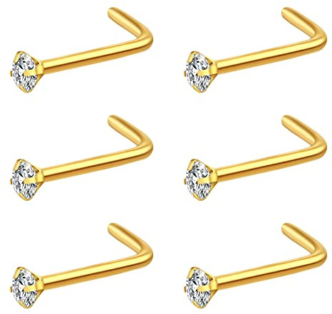Fzroezz 6Pcs Nose Studs Nose Piercings Nose Rings Studs L Shaped Real Nose Piercing Jewelry Nostril Nose Piercing Stud Surgical Stainless Steel Gold Nose Ring 20 Gauge Cute Nose Jewelry Small Nose Stud Nose Rings L Shape 20G 2mm Round Clear Diamond CZ Thin Set Curved L Bend