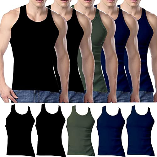 Mens Tank Tops Multipack Cotton Vest for Men Sleeveless Undershirt Pack of 5 Basic Plain Color Underwear,Green Blue Black,Size XXX-Large