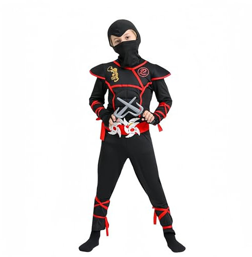 Proumhang Costumes de Jeu de Rôle pour Enfants Garçons Costumes Ninja Halloween Ensemble musculaire Costume de Performance Samouraï Ninja Noir M(120-130cm)
