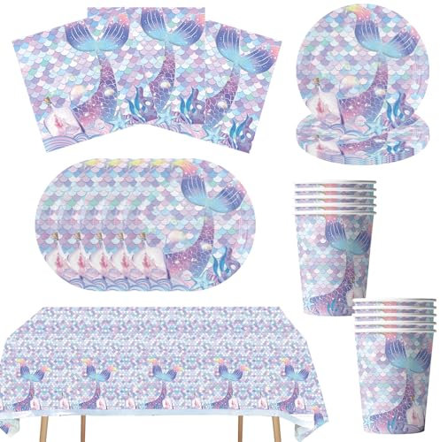 Bikasun Set di stoviglie da festa a forma di sirena, per compleanno, decorazione per feste con piatti, tovaglie, tovaglioli, tovaglioli, tovaglioli, per ragazze, compleanni, baby shower, 10 ospiti