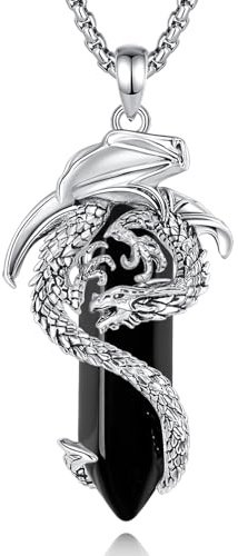 EUDORA Harmony Ball Collar Dragón Obsidiana para Mujer Hombre, Colgante Obsidiana Vintage Vikingo Dragon Joyería Amuleto Collares the Witcher, Regalos Originales para Hombre Mujer, 20+24