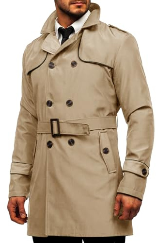 Runcati Trench Coat Men's Slim Fit Double Breasted Coat Medium Length Classic Business Casual Coat Autumn Windproof Coat