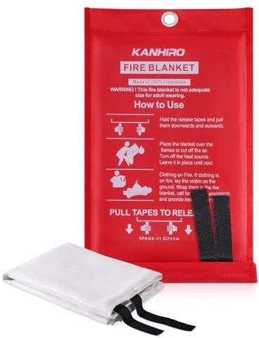 KANHIRO Emergency Fire Blanket for Kitchen - 1m X 1m Quick Unfolding TUV Certification Fiberglass Flame Retardant Large Fire Blankets for Home, School, Office, Caravan, Fireplace (1 Pack)