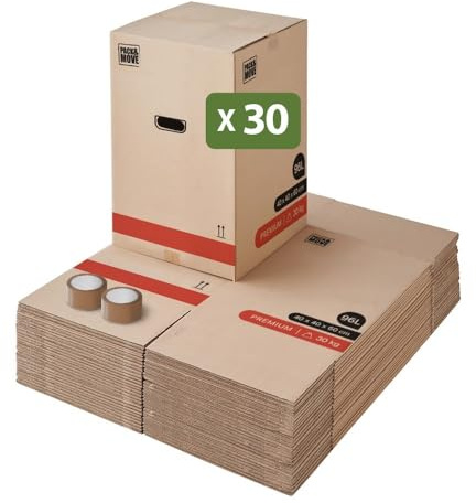 Pack And Move - Set med 30 premium flyttkartonger - 40 x 40 x 60 cm - extrem styrka 25 kg - återanvändbar, dubbel tjocklek - förstärkta handtag - 2 lim gratis