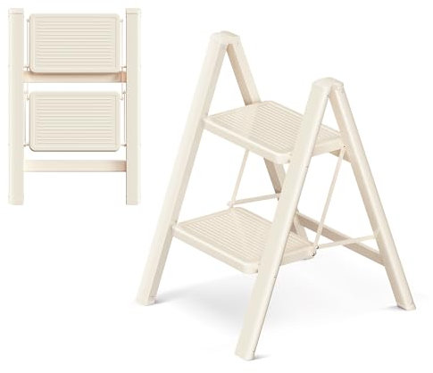 GameGem Escabeau à 2 marches pour adultes, escabeau pliable avec pied sécurisé, pédale élargie, aspect esthétique, se fond directement dans les pièces domestiques, blanc crème