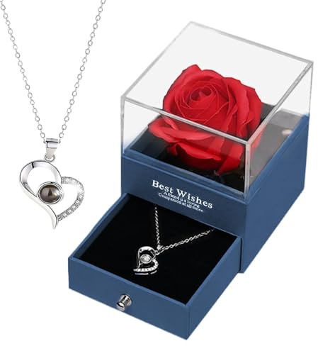 Yonuaret Rosa auténtica eterna con collar con grabado en 100 idiomas, rosa eterna conservada para mujeres, mamá, abuela, caja de rosas, flores para San Valentín, aniversario