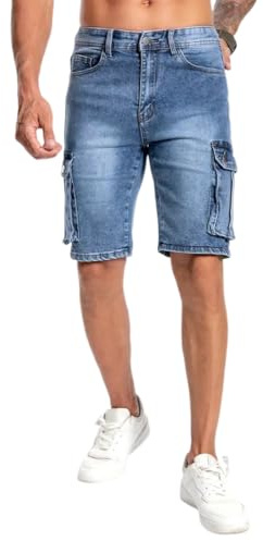 nicticsi Pantaloncini Cargo in Denim da Uomo Short di Jeans a Lunghezza del Ginocchio Casual Shorts Bermuda retrò Jeans Lavati Classici con Multi-Tasche Pantaloni Corti Estivi A Blu Scuro L
