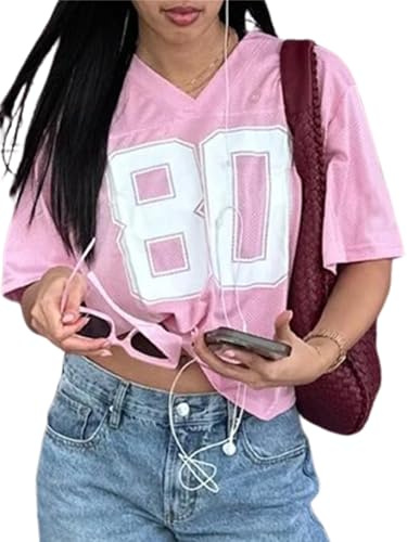 ensswliz Jersey tröjor för kvinnor Y2k överdimensionerade antal grafiska t-tröjor v-hals vardaglig tröja sommar sportig estetisk preppy streetwear, En rosa, L
