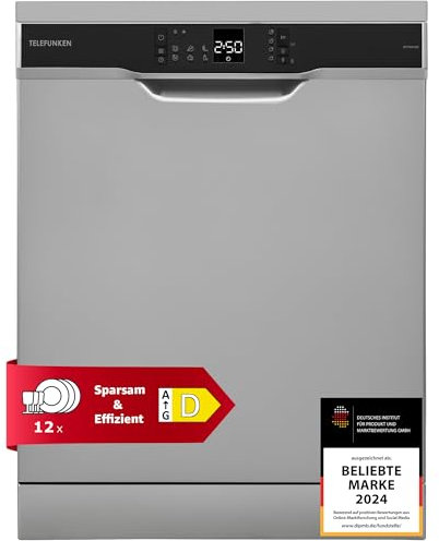 Telefunken Geschirrspüler freistehend 60 cm, Spülmaschine Silber, 12 Maßgedecke, 6 Programme, AquaStop, Startzeitvorwahl, leise 45 dB, Speed-Wash, Eco, höhenverstellbar, Besteckkorb, GFS6012DI