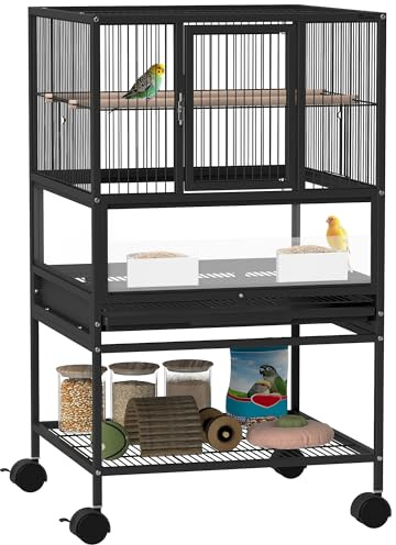 Pawhut Jaula para Pájaros Jaula Grande con Ruedas Paneles Acrílicos Comederos Perchas Estante Bandejas Extraíbles Pajarera para Loros Canarios 48x46x83 cm Negro