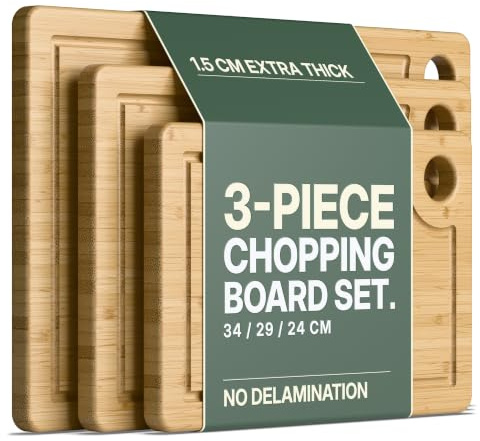 LARHN Solid Vertical-Grain 3-Piece Wooden Chopping Board Set, Pre-Oiled | Cutting Board Sizes: 34x22/29x19/24x16cm, Bamboo, Juice Groove, Plastic-Free, for Meat, Veg, Bread, Cheese