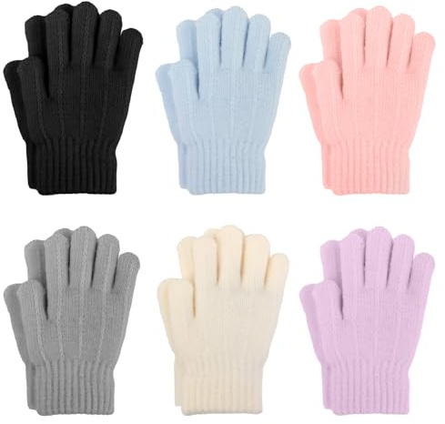 QKURT 6 Paare Kinder Strickhandschuhe, Winter Kinder Gestrickte Handschuhe, Vollfinger Magic Stretch Handschuhe für Kinder 6-10 Jahre Mädchen & Jungen