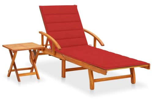 QZZCED Lettino da giardino in legno massello di acacia con cuscino, schienale regolabile, poggiapiedi e 2 ruote per una facile mobilità, tavolo estraibile, sedia da esterno robusta e stabile