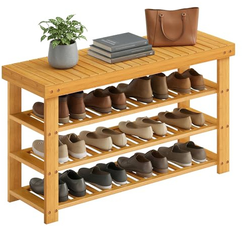 SONGMICS Shoe Rack Bench, 4 Tier Bamboo, 11.3 x 35.2 x 20.5 Inches