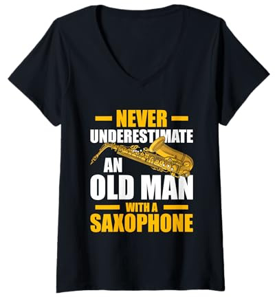 Women's Old Man with a Saxophone Player V-Neck T-Shirt