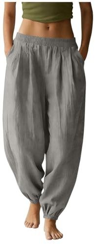 Pantaloni harem da donna, taglio alto, misto cotone e lino, pantaloni leggeri, per yoga, viaggi e spiaggia, colore: nero, grigio., S
