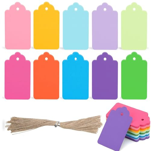 Gift Tags with String – 10 Colorful Paper Tags for Present Labeling – Small Blank Hang Tag for Birthday Christmas Wedding – Hanging Labels for DIY Crafts Gift Wrapping Decoration (1 Pack (100pcs))