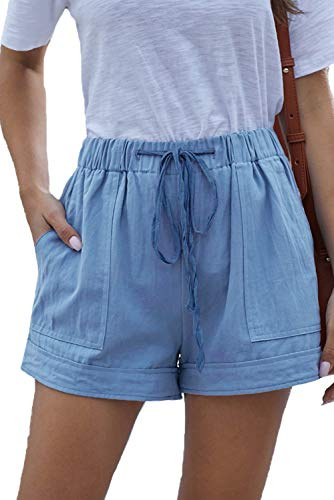 HVEPUO dam bomull linne shorts gummiband hotpants sommar breda korta byxor