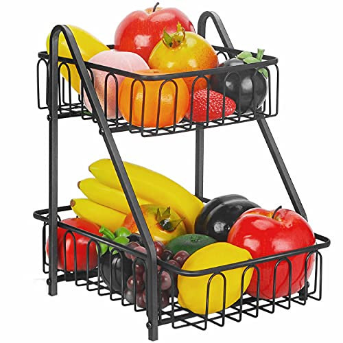 Lekind 2-Tier Fruit Rack Fruit Basket Fruit Bowl with Banana Hanger Kitchen Countertop Veg Rack Storage Basket Storage Shelf for Fruit Vegetables Eggs Breads Snacks,Black