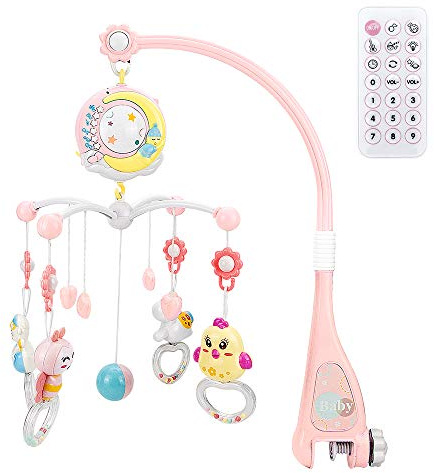 CALISTOUK Móvil Musical para Cuna de Bebé con Mando a Distancia Luz de Estrellas Campanilla Decoración Sonajero para Cama Juguete Proyector de Cuna para Bebés Recién Nacidos (rosa)