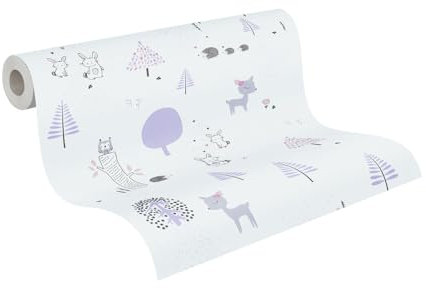 A.S. Création Kinderzimmertapete Little Love Tapete mit niedlichen Wald Tieren PVC-freie Vliestapete lila weiß grau schwarz seidenmatt glatt 381171