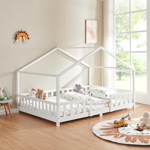 [en.casa] Kinderbett Treviolo Hausbett 140 x 200 cm Holzbett für Kinder mit Rausfallschutz Montessori Bettgestell mit Lattenrost Kiefernholz Weiß