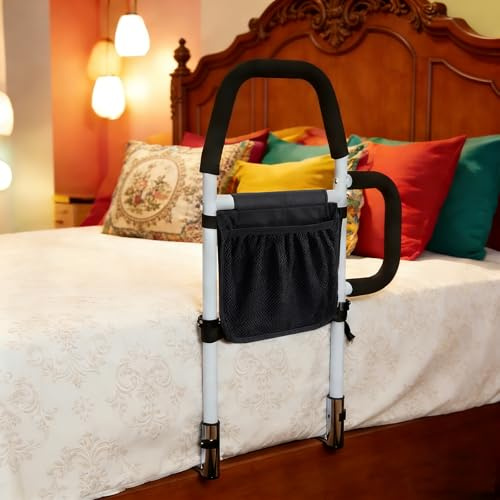 Kaucytue Bed Rail for Elderly Adults, Safely Bed Assist Rails with 2 Grab Bars & Storage Pocket, Portable Adjustable Bed Guard Fall Prevention for Senior, Pregnant, Disabled