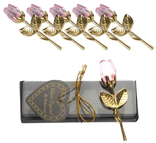 beyonday 5pcs Mini Glass Rose Flower with Box, Romantic Crystal Rose Gift for Wedding Souvenirs Anniversary Birthday New Year Mother's Day, Ideas for Mom Wife Sister Girlfriends(Gold-Pink)