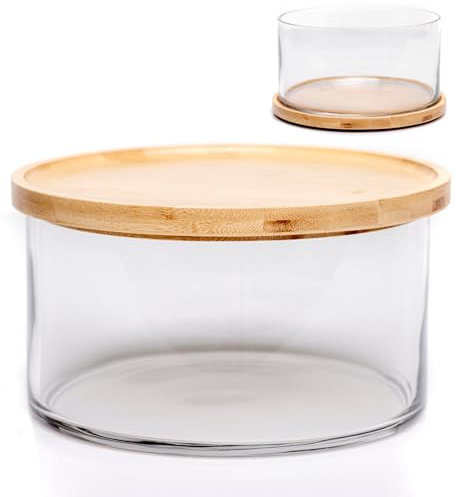 XXL Clear Glass Salad Bowl Dish with Dual Function Bamboo Lid - Extra Large Mixing Bowl with Lid for Salads, Dessert, Fruit, Punch - Centerpiece Large Serving Bowls for Entertaining - 125 Ounces