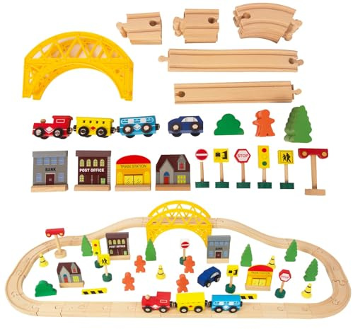 Set di 60 pezzi di ferrovia in legno e treni, set di base per principianti, compatibile con Thomas, adatto per set di treni Eichhorn, giocattolo per bambini in età prescolare, consigliato dai 3 anni