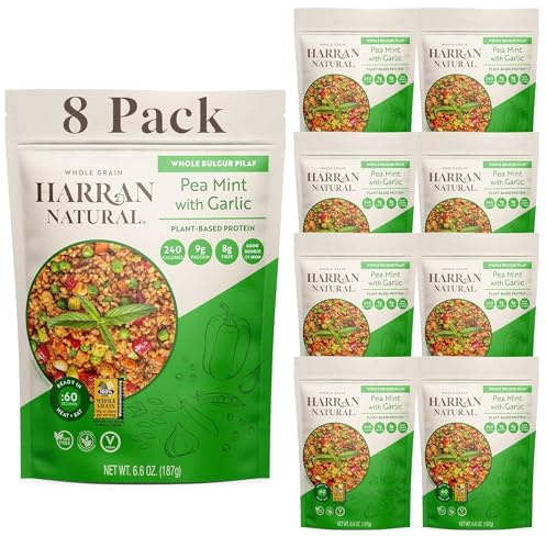 Harran Natural Whole Grain Bulgur Pilaf, Pea Mint with Garlic, Ready to Eat Healthy Superfood Meal, Non-GMO, No Preservatives, Vegan, Plant-Based Protein, 6.6 oz (Pack of 8)