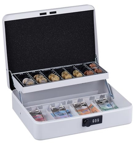 Relaxdays Caisse à Monnaie, Pratique, Combinaison à 3 Chiffres, en Fer, H x L x P : 8,5 x 30,5 x 25 cm, Blanche