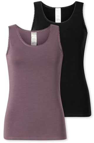 Schiesser Damen Trägertop 2er-Pack - Größe 46 - Modern Multipacks schwarz/lila - Unterhemd mit Spitze - Damenwäsche aus 95% Baumwolle und 5% Elasthan - angenehm weich & elastisch