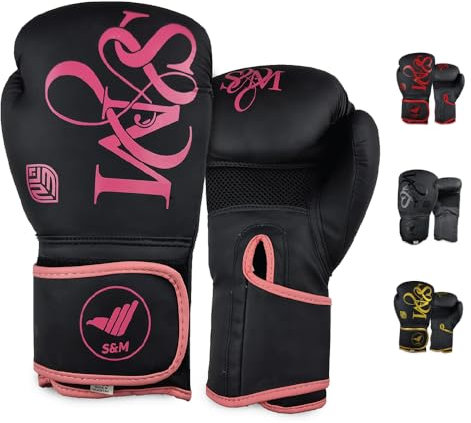 S&M Logistik Boxhandschuhe, Trainingshandschuhe, Kunstleder-Sparringshandschuhe, Sandsackhandschuhe, Muay-Thai-, Kickbox- und Kampfsporthandschuhe für Erwachsene, Männer und Frauen (Black/Pink,12 oz)