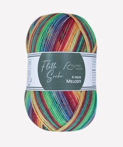 Flotte Socke 4-fach Melody, Sockenwolle 75% Schurwolle, 25% Polyamid, strapazierfähig, weich, mulesingfrei, 100 g/420 m, 40°C waschbar, Trockner geeignet, NS 2-3 mm, (3025 gelb-orange-rot-grün)