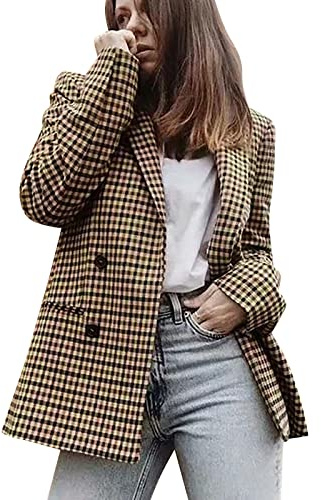 Rrongwn Blazer - Cappotto invernale da donna a quadri, con risvolto dentellato, elegante, a doppio petto, a maniche lunghe, per il tempo libero, per il lavoro, per il lavoro, per il lavoro, da donna,