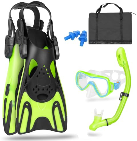 Snorkeling Gear for Kids, Mask Fins Snorkel Set for Kid Panoramic View Diving Mask Anti-Fog Anti-Leak Dry Top Snorkel and Dive Flippers with Travel Bag Snorkeling Packages for Kid