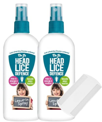 Dr J’s Head Lice Repellent Spray for Kids – 2 x 150ml Leave-in Conditioning Lice Prevention with Premium Nit Comb – Tea Tree & Lemon Eucalyptus – Daily Anti Lice Hair Spray for Children and Families