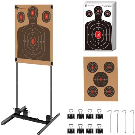 Atflbox Shooting Target Stand with 10pcs 17x25 Inch Sight in Paper Targets, Durable Paper Target Holder with Stable Adjustable Base for Cardboard Silhouette, H Shape, IPSC, IDPA Practice (1 Pack-BK)