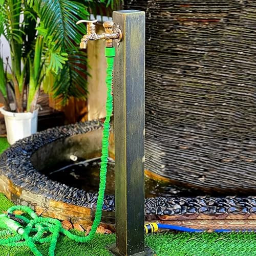 Garden Faucet Outdoor Water Pillar Standing Fountain with Brass Faucet Frostproof Flammable with Double Tap Water Dispenser Garden Hose Hanger (65cm)