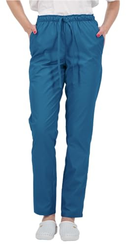 B-well ALESSI Medicinska slip-on-byxor, arbetsbyxor, multifickor, unisex med elastisk linning och bakfickor, sjukhus, uniformsbyxor med medelmidja och elastisk linning med resårband, Karibisk blå, L