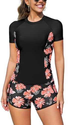 SHEKINI Tvådelad Rashguard för kvinnor, kortärmad, integrerad bh, baddräkt med pojkshorts, snabbtorkande, UV-skydd, simtröja, Svart orange tryck, L