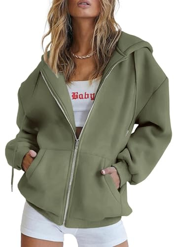 Timuspo Damen Hoodie mit Reißverschluss Kapuzenjacke Herbst Winter Lang Sweatshirt Kapuzenpullover mit Kapuze Mantel Oversize Pullover Graugrün M
