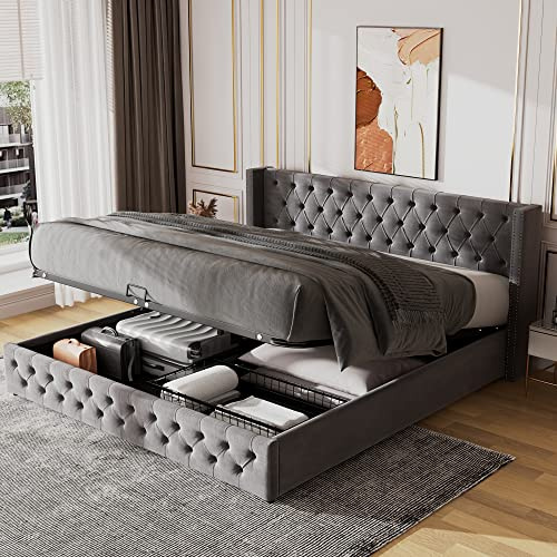 EINHOM King Bed Frame, 5ft Upholstered Bed with Storage, Ottoman Bed with Hydraulic Lever, For Adults & Teenagers, Velvet, 150x200cm, Grey, (No Mattress)