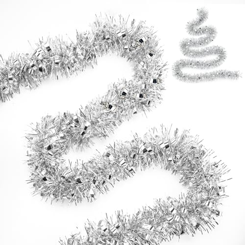 G2PLUS Silver Christmas Tinsel Garland: 10m x 9cm Metallic Glittery Fluffy Hanging Decorations for Christmas Trees, Wardrobes, Doors, Ceilings, Railings and Wreath Making