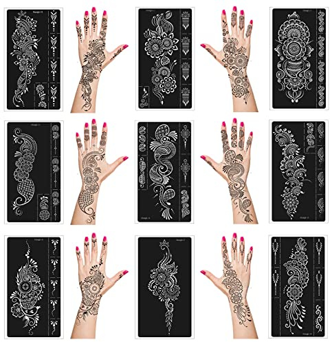 Mzstgh Lot de 9 pochoirs de tatouage au henné, réutilisables, autocollants, motifs indiens, designs arabes traditionnels, pour mains et corps, à partir de 12 ans