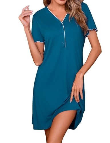 Marvmys Chemise de Nuit Femme Manche Courte à Col en V Bouton Robe de Nuit Boutonnée Coton Maternité Vêtements D'Intérieur S-3XL